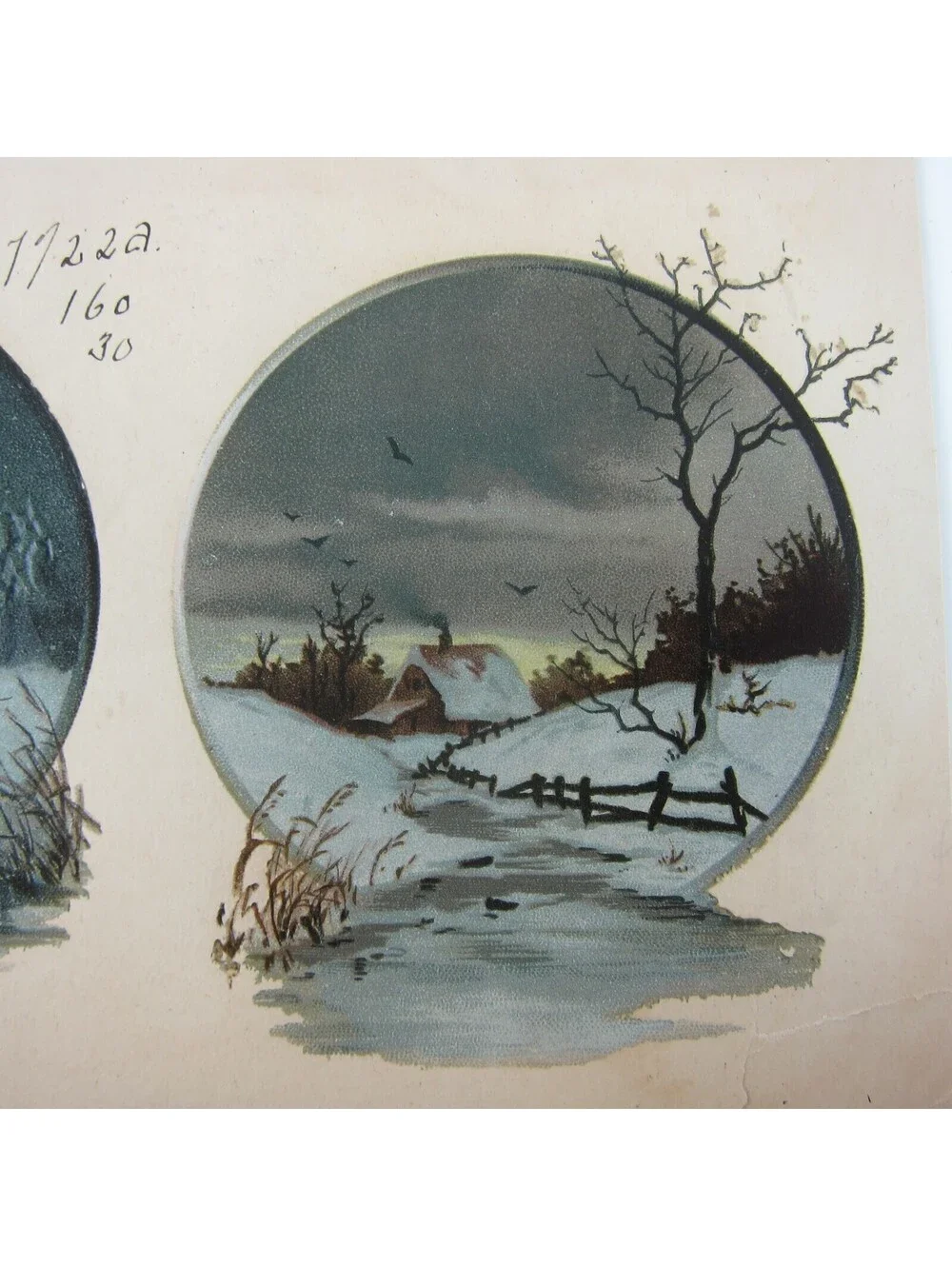 Antique Lithograph Print Samples Winter Snow Stream Night Moon Church House RARE